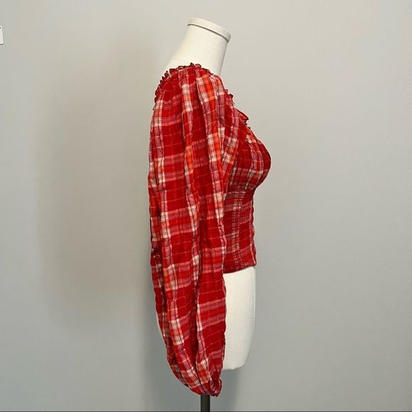 NWT Free People Cherry Bomb Madras  Plaid Blouse Red Gingham Plaid Top - Picture 11 of 16